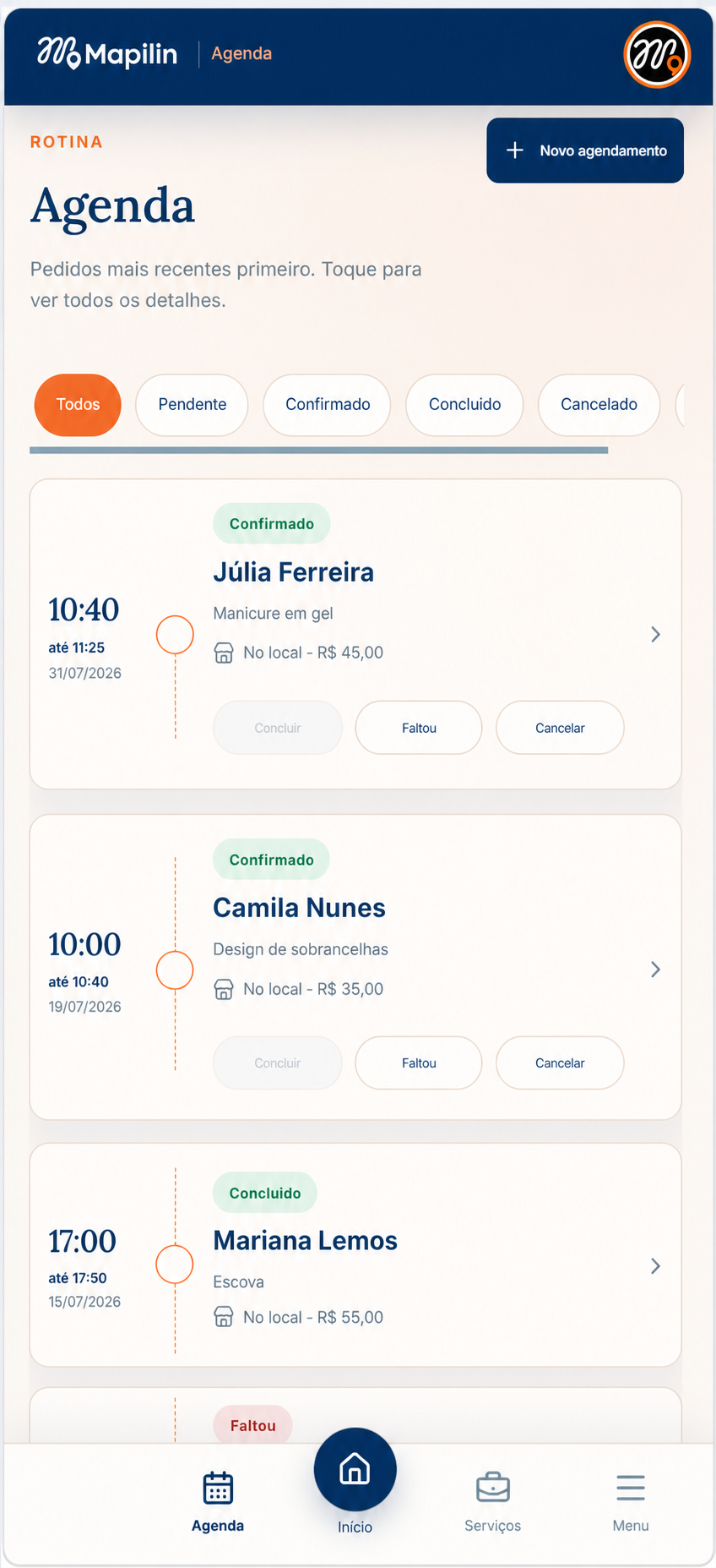 Lista de agendamentos na Mapilin Agenda