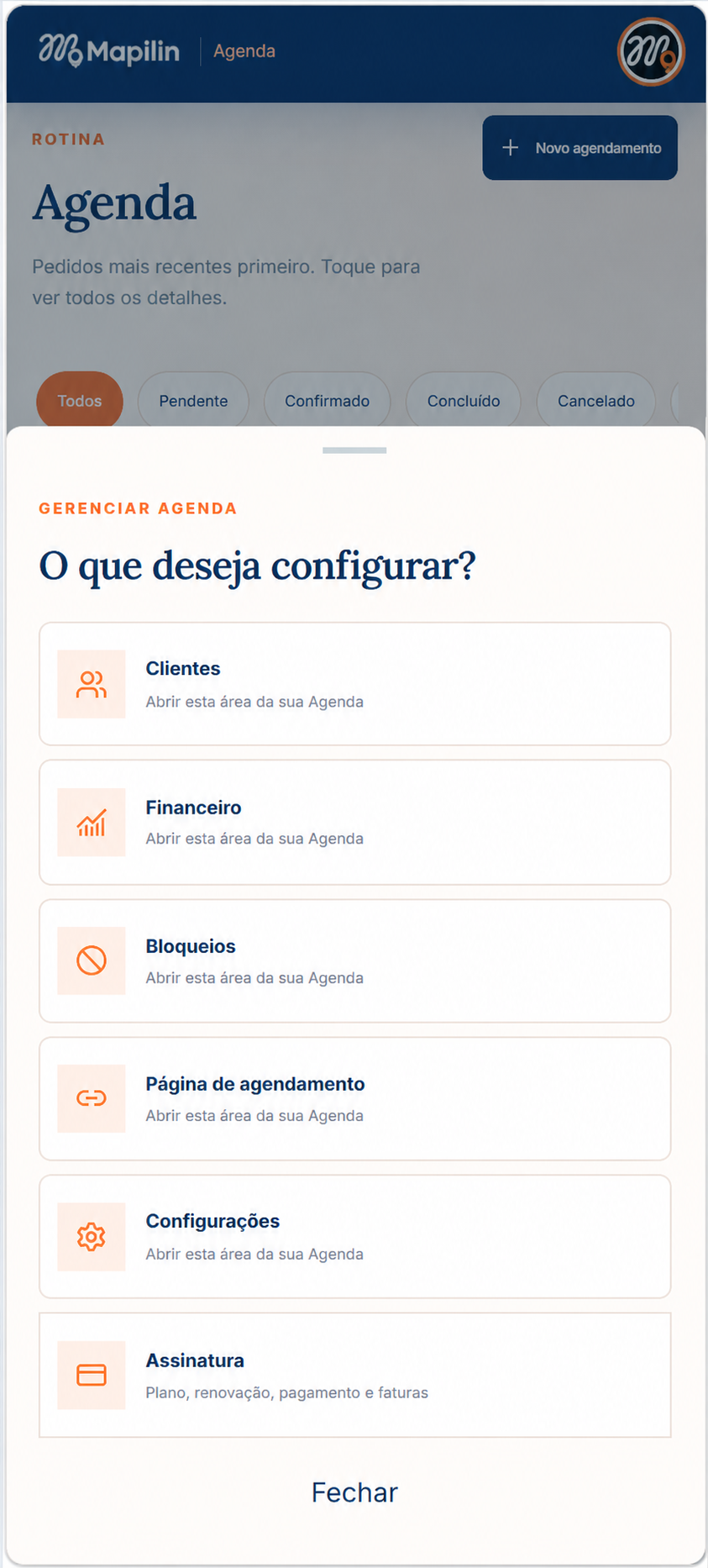 Menu profissional da Mapilin Agenda